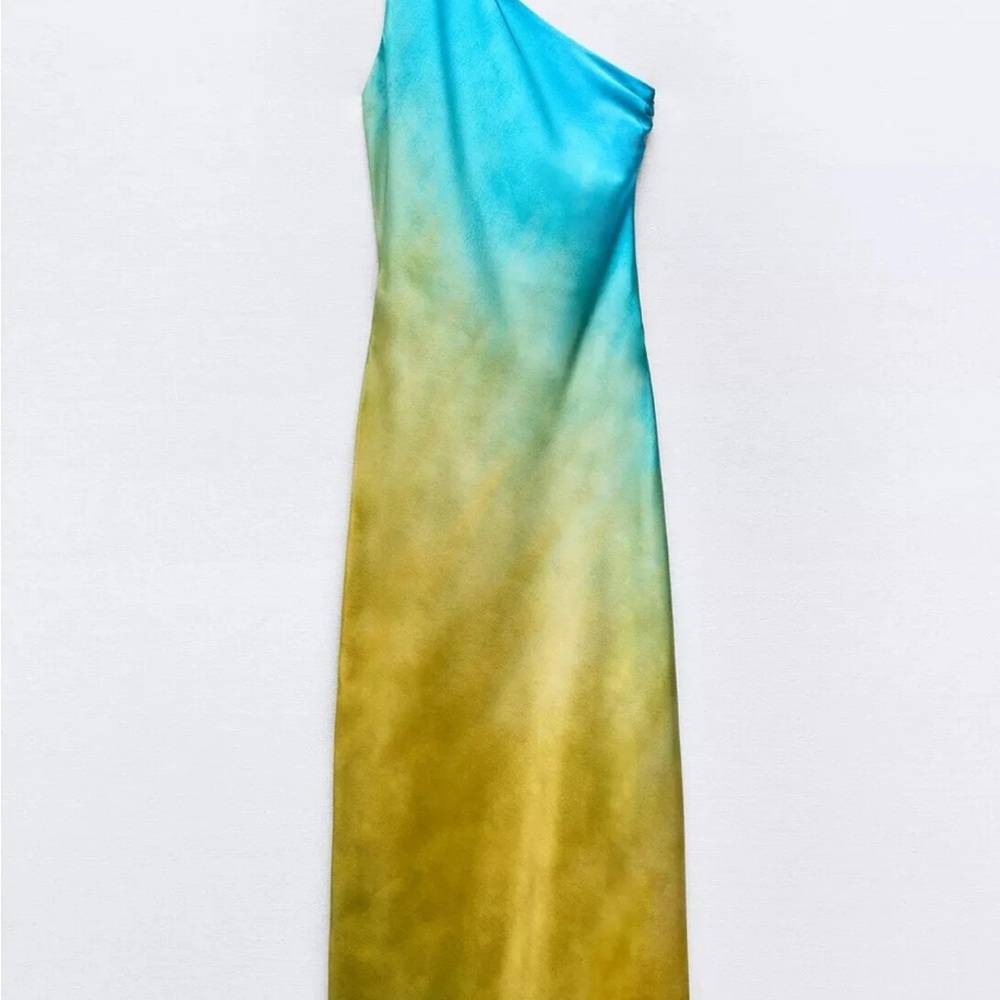 Zara Blue and Green One-Shoulder Maxi Dress - Picture 3 of 5